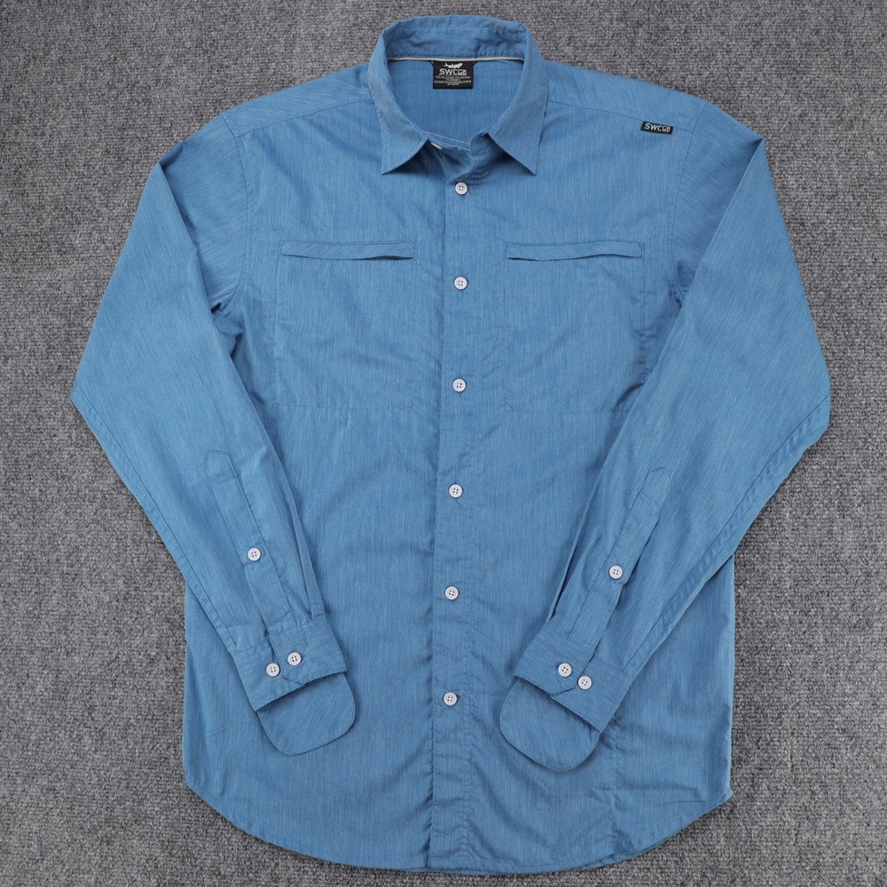 Saltwater Cowboy SWC Mens Small Blue Long Sleeve Fishing Shirt Vented Stretch